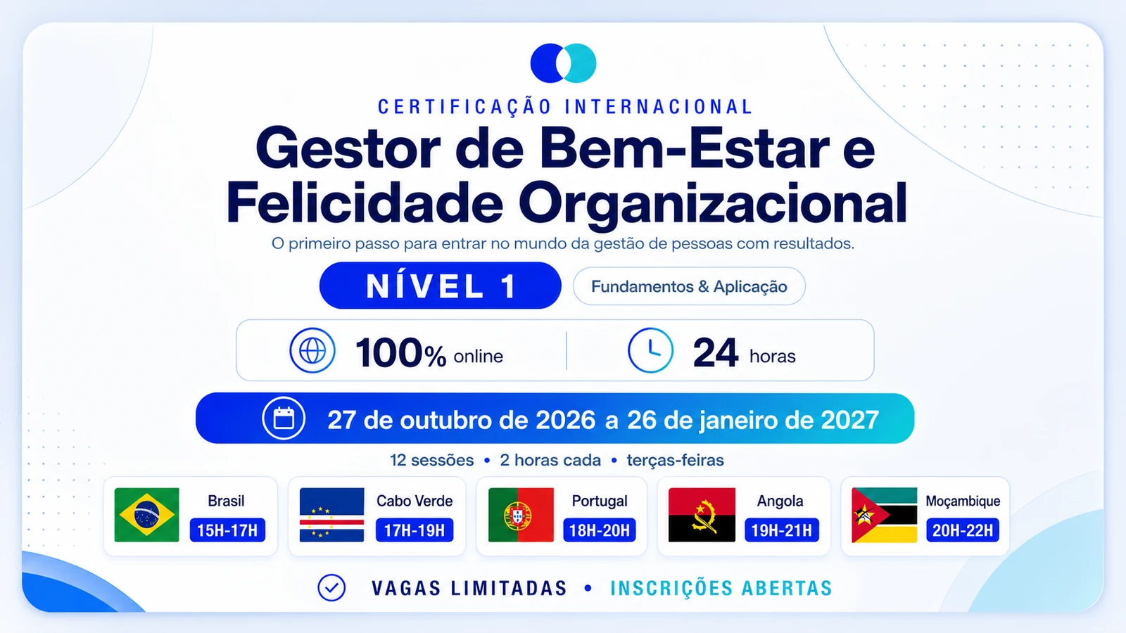 Certificação Internacional GBEFO Nível 1: 100% online, 24 horas, de 27 de outubro de 2026 a 26 de janeiro de 2027, com horários para a Lusofonia.